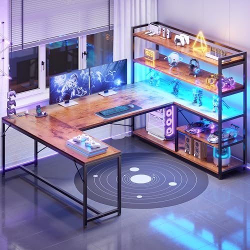 SEDETA L Shaped Desk with Storage Shelves, 63” Reversible U Shaped Office Desk, Gaming Desk with Power Outlet and LED Lights for Home Office, Rustic Brown - color: Rustic Brown