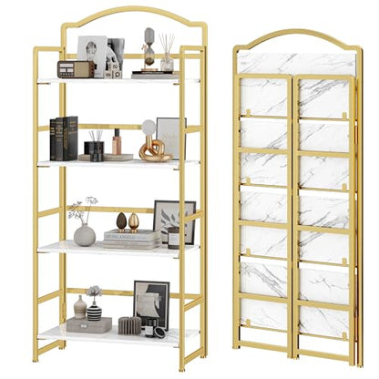JSB 4 Tier No Assembly Folding Bookshelf, Arched Bookshelf, Foldable Bookcase for Living Room, Bedroom, Office,Skinny Bookshelf (White and Gold) - color: White and Gold, size: 4-Tier