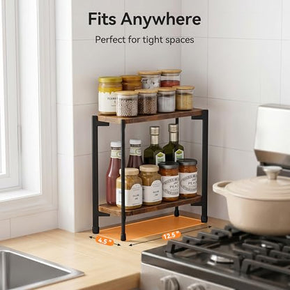 pickpiff 2 Tier Spice Rack Organizer for Kitchen Countertop, Wood and Metal Seasoning Shelf, Space-Saving Spice Organizer for Kitchen Counter, Coffee Bar and Dining Table, Brown