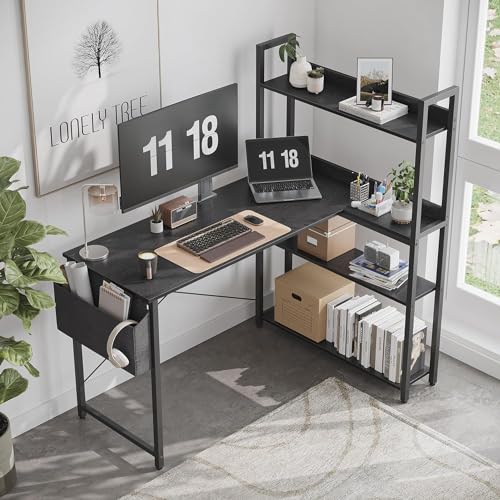 Treesland 47 Inch Computer Desk with Bookshelf, Corner Desk with Storage, L Shaped Desk, Home Office Desks, Writing Study Desk for Bedroom, Black - color: Black, size: 47 inch