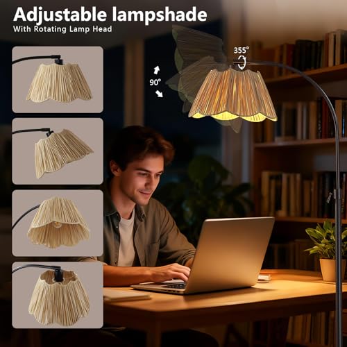 64'' Adjustable Arc Floor Lamp with Woven Pleated Shade, Black - color: Black