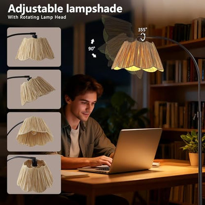 64'' Adjustable Arc Floor Lamp with Woven Pleated Shade, Black - color: Black