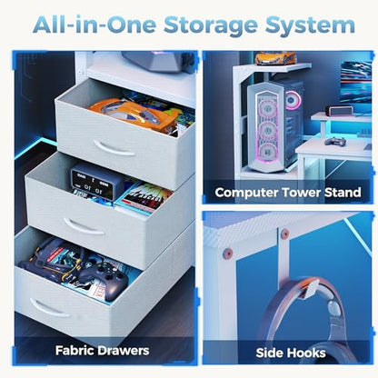 59" Reversible Gaming Desk with LED Lights Power Outlets, White | Computer Desk with Drawers Can be Used to Store Odds and Handles, Elevated PC Stand To Help You Showcase Your DIY Cases. - color: White, size: 60 In