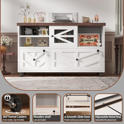 White Lateral File Cabinet with Lock, 2 Drawer Rolling Filing Cabinet for Home Office, Mobile Storage Cabinet with Open Shelves & Sliding Door, Fits Legal/Letter/A4 Files, Herringbone Design - color: White Herringbone-2 Drawers
