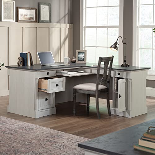 Sauder Palladia L Shaped Desk with Drawers, Office Desk with File Cabinet Storage, Cable Management, Keyboard Tray, in Glacier Oak Finish - color: Glacier Oak