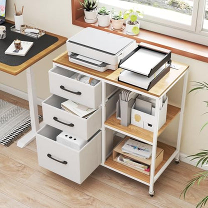 GOFLAME 3 Drawer Mobile File Cabinet with Charging Station, Rolling Printer Stand with Open Storage Shelves, Wooden Storage Cabinet on Wheels for Home Office (Natural and White) - color: Natural and White
