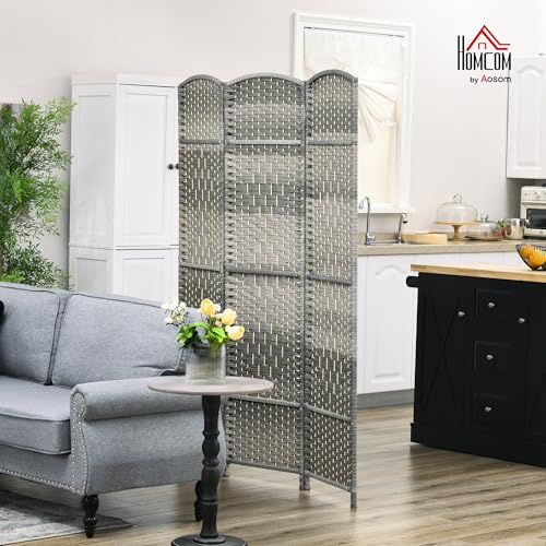 HOMCOM 3 Panel Room Divider 6 Ft Privacy Screen Hand-Woven Mixed Gray | Folding PP Wall Partition, Pine Wood Frame, Freestanding Room Separator, Bedroom Home Office, No Assembly - color: Mixed Gray, size: 3 Panel