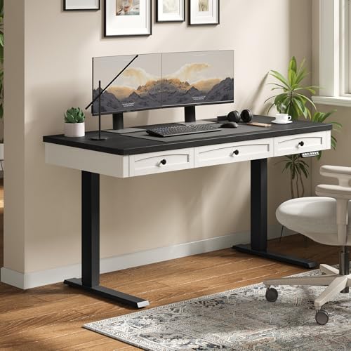 55 x 24 Inch Standing Desk with 3 Drawers,Height Adjustable Desk | Electric Sit to Stand Up Desk with Storage & Outlet, for Computer Workstation, Home Office, Retro Curved Table Corner, Black - color: Black& White, size: 55*24IN