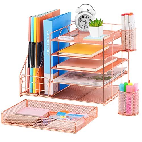 Marbrasse Rose Gold Desk Organizer with File Holder, 5-Tier Paper Letter Tray Organizer and Drawer, Mesh Desktop Storage with Magazine Holder for Office Supplies - color: Rose Gold