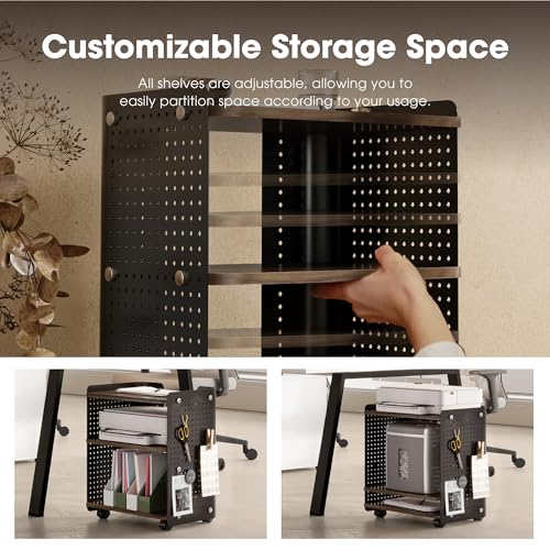 Fenge 3D Printer Stand, Heavy Duty Printer Cart with Wheels, Brown | 17.8"W x 13.2"D x 21.8"H, Heavy Duty Pegboard Storage Organizer with Adjustable Shelf, 3-Tier Home Office Stand - color: Brown