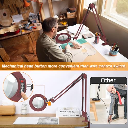 12X Large Magnifying Glass with Light and Clamp, Real Glass, 5 Color Modes, Stepless Dimmable, 2 x 16 Inch Adjustable Swing Arm Stand Desk Lamp, LED Lighted Magnifier Hands Free for Close Work - Red - color: Red, size: 12X 32inch Clamp
