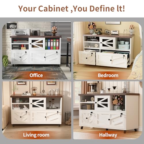 White Lateral File Cabinet with Lock, 2 Drawer Rolling Filing Cabinet for Home Office, Mobile Storage Cabinet with Open Shelves & Sliding Door, Fits Legal/Letter/A4 Files, Herringbone Design - color: White Herringbone-2 Drawers