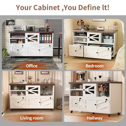 White Lateral File Cabinet with Lock, 2 Drawer Rolling Filing Cabinet for Home Office, Mobile Storage Cabinet with Open Shelves & Sliding Door, Fits Legal/Letter/A4 Files, Herringbone Design - color: White Herringbone-2 Drawers
