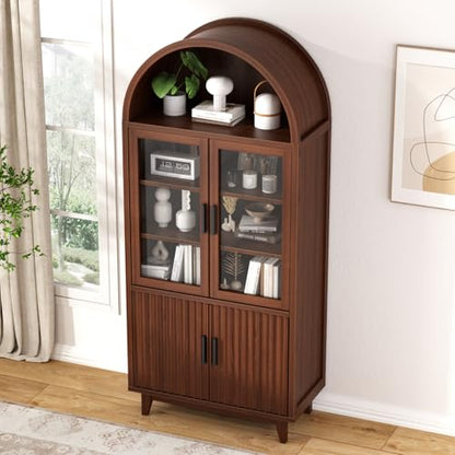 Arched Cabinet with Glass Doors, Fluted Pantry Cabinet with Solid Wood Legs - color: Walnut, size: Tall Arched - 15.7"D x 31.1"W x 70.8"H