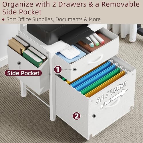 HIGDBFE File Cabinet with 2 Fabric Drawers & Dual Shelves, White | 2-Tier Printer Storage, Letter File Drawer, Reversible Side Bag, Smooth Drawer Slides, Rolling Support Board Prevent Collapse - color: White