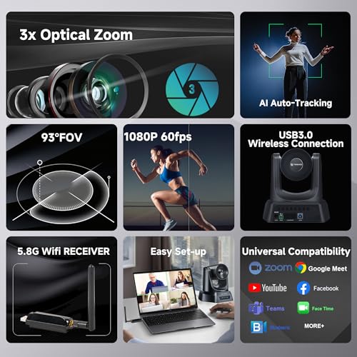 TONGVEO Wireless AI PTZ Camera with Auto-Tracking: Built-in 5.8GHz Receiver for Cable-Free Setup, 1080P 60fps 3X Zoom Conference Camera for Church Services, Online Classes & Hybrid Meetings - color: Coal