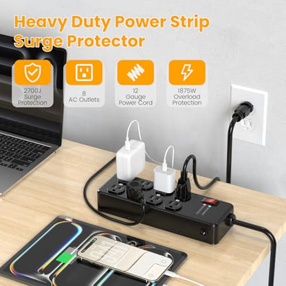 HEZI Magnetic Heavy Duty Power Strip,12 Gauge 6FT Extension Cord,Black - size: 6 FT