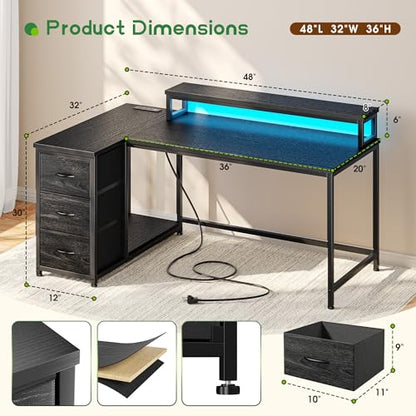 EnHomee 48" Gaming Desk with 3 Drawers& LED for Teen,Black - color: Black, size: 48 Inch