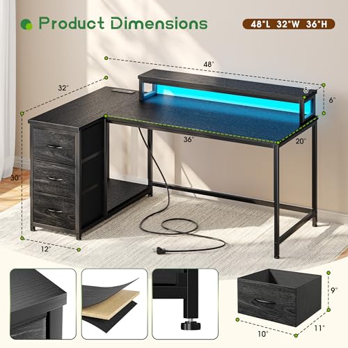 EnHomee 48" Gaming Desk with 3 Drawers& LED for Teen,Black - color: Black, size: 48 Inch