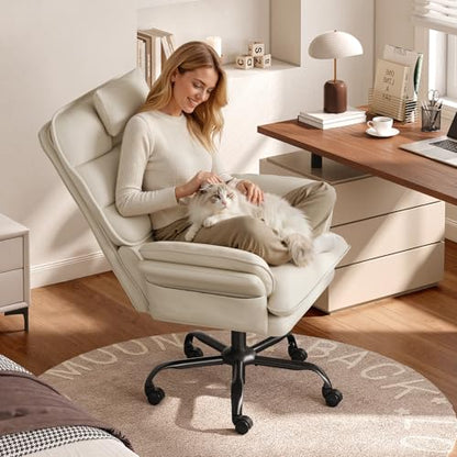 Bestier Cross Legged Office Chair with Headrest PU Leather Beige | Criss Cross Chair with Adjustable Arms 135° Reclining Executive Chair Big and Tall Computer Desk Chair for Home - color: Beige Pu Leather, size: High Back