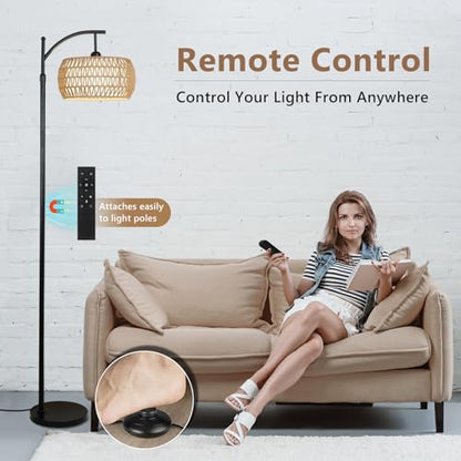 Arc Floor Lamp with Remote Control, Dimmable LED Floor Lamp with 3 Color Temperature, Black Standing Lamp with Rattan & Fabric Double Drum Shade, Boho Farmhouse Tall Pole Lamp for Living Room Bedroom - style: Bohemian
