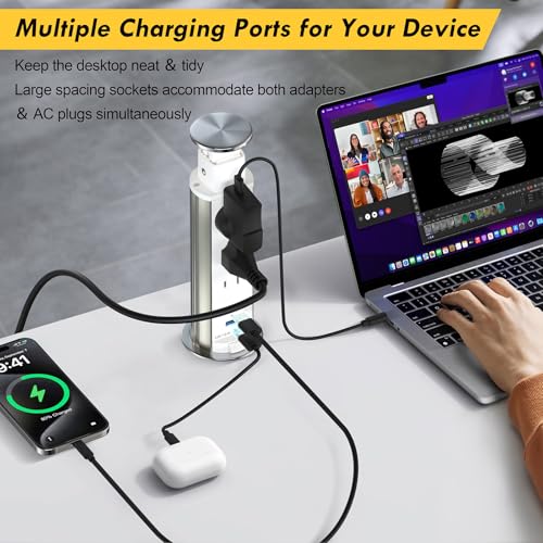 Pop Up Outlet for Countertop, Receptacle Power Strip with 3 AC Outlet 2 USB Ports, Pull Pop Up Power Socket Outlet, 2.5" Hole Recessed Outlet for Kitchen Counter Conference Desk Office, White - color: White