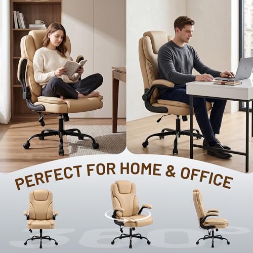 Ergonomic Office Chair, PU Leather High Back Executive Chair with Adjustable Inflatable Lumbar Support and Padded Flip-Up Arms, Recline Swivel Task Computer Chair for Home Office, Khaki - color: Khaki