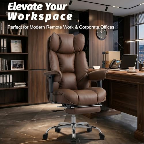 Efomao Executive Office Chair 400lbs,Brown Big and Tall Desk Chair | Mattress-grade pocket spring cushion, sleek leather, 135° recline & footrest for computer gaming setup. - color: 3084p-brown