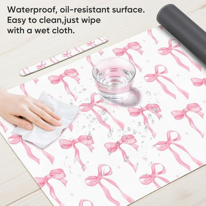 Desk Mat, XXL Large Mouse Pad,Leather Desk Pad Blotter Protector,Computer Laptop Mouse Pads for Desktop,Waterproof Writing Anti-Slip Mousepad for Office and Home I Pink Bow Girly - color: Pink Bow Girly