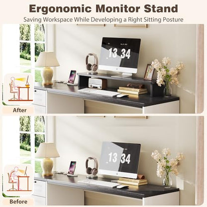 HUAHUU 63" Farmhouse Executive Desk with Drawers, Modern Computer Desk with Power Outlets, Office Writing Desk with Monitor Stand & Storage Cabinet, Printer Shelf, Antique White - color: Black and White