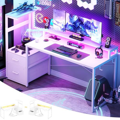 Aheaplus Gaming Desk with LED Strip & Power Outlet, 59Inch Reversible Computer Desk with Monitor Stand & Storage Shelves, Home Office Desks with Fabric File Drawer, Gamer Table PC Desk, White - color: White
