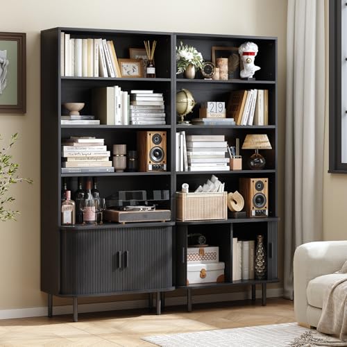 ONBRILL 71" Bookshelf with Sliding Door, Bookcase Storage Cabinet, Black - color: Black
