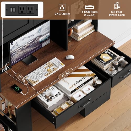 Keyluv 71" Tall Computer Desk with Hutch Cabinet, Home Office Desk with Storage Drawers Shelves and Side Rack, Wood Executive Desk with Doors, Outlet Station and Smart LED Lights, Black - color: Black