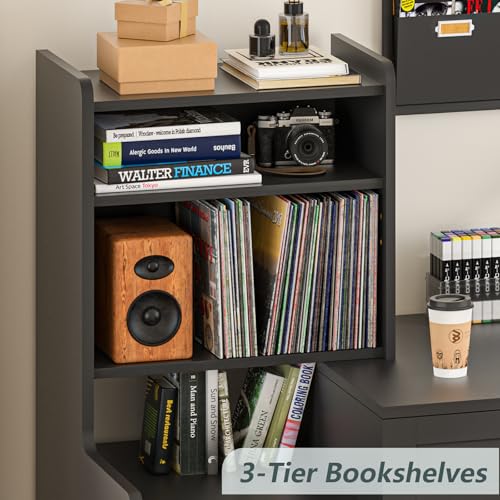 60" Computer Desk with Drawers & Bookshelves for Bedroom, Home Office | Black Desk with Bookcase & Drawers, Executive Desk Writing Study Table with Storage, Home Office Desks - color: Black