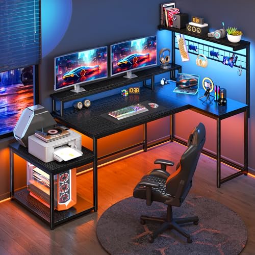 EnHomee 63" L Shaped Gaming Desk with LED Lights & Power Outlets,Black - color: Black, size: 63"W