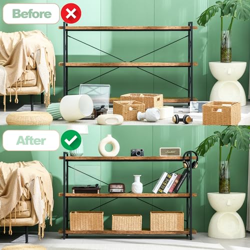 HCHQHS Bookshelf, 3-Tier Long Industrial Bookcase, Rustic Open Book Shelf, Freestanding Horizontal Bookshelves with Metal Frame - color: Rustic Brown, size: 3-Tier (56.7"W x 35.8"H)