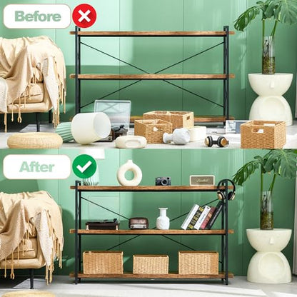 HCHQHS Bookshelf, 3-Tier Long Industrial Bookcase, Rustic Open Book Shelf, Freestanding Horizontal Bookshelves with Metal Frame - color: Rustic Brown, size: 3-Tier (56.7"W x 35.8"H)