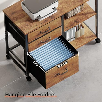 Maihail 3 Drawer File Cabinet with Wheels with Open Storage Shelf - color: Rustic Brown Top+brown Drawer