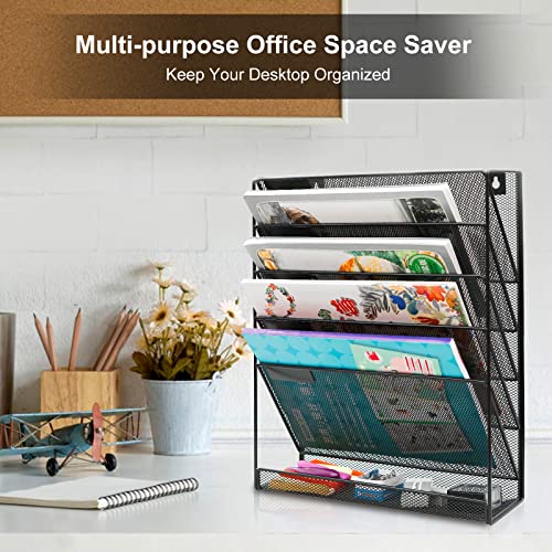 EasyPAG 5 Tier Wall File Holder, Mesh Hanging Folder Organizer with Classify Label, Versatile Desk File Holder, Vertical Wall Mounted Mail Organizer for Office Home Cubicle, Black - color: Black