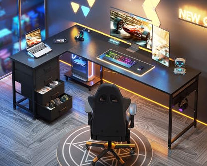 AODK 67" L Shaped Gaming Desk with 4 Drawers and Power Outlets, Black - color: Black, size: 67 Inch