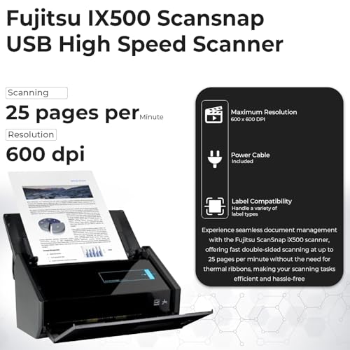 IX500 Scansnap Receipt Scanner - 1 Year Warranty, USB High Speed Cloud Enabled Document & Photo Scanner for Mac & PC - ADF with Duplex Scanning w/ 16V, USB 3.0 Cable, Cloth (Renewed)