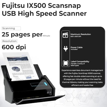 IX500 Scansnap Receipt Scanner - 1 Year Warranty, USB High Speed Cloud Enabled Document & Photo Scanner for Mac & PC - ADF with Duplex Scanning w/ 16V, USB 3.0 Cable, Cloth (Renewed)