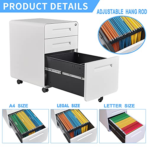 Letaya File Cabinet, 3 Drawer Filing Cabinets for Home Office with Lock Mobile Under Desk Fully Assembled Cabinet (White) - color: White, size: 18"D x 14.96"W x 23"H