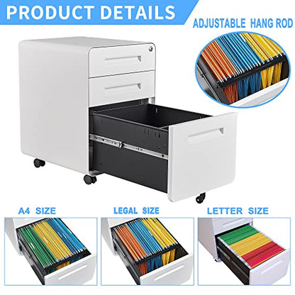 Letaya File Cabinet, 3 Drawer Filing Cabinets for Home Office with Lock Mobile Under Desk Fully Assembled Cabinet (White) - color: White, size: 18"D x 14.96"W x 23"H