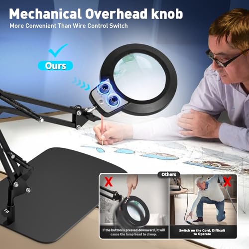 KIRKAS 12X Magnifying Glass with Light and Stand, Overhead Knob 2 in 1 | Lighted Magnifier Lamp for Workbench, Craft, Sewing, Repair, Real Glass Lens Stepless Dimming and Color (11.8IN Base & Clamp) - size: 12X 11.8 INCH Base & Clamp