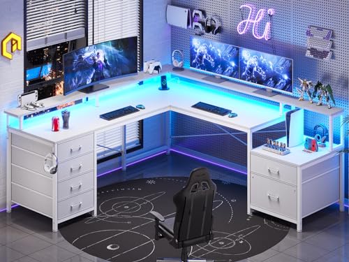 SEDETA L Shaped Computer Desk with 6 Drawer, File Drawer & Power Outlet - color: White