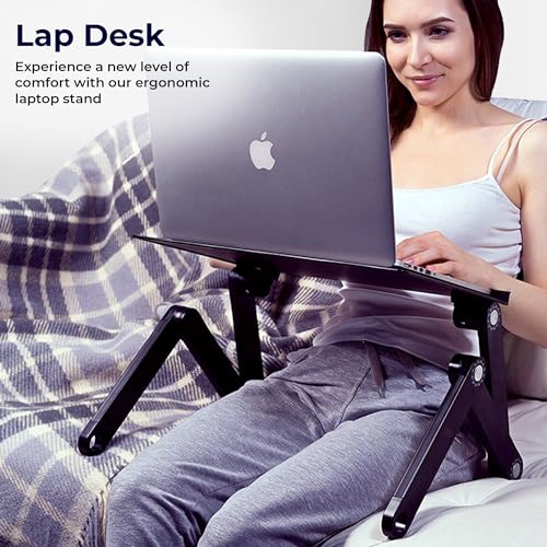 WorkEZ Cooling Adjustable Laptop Stand for Desk w/Fan USB Ports Mouse Pad Ergonomic Foldable Laptop Stand Riser Portable Computer Holder, Black | WorkEZ Cool laptop stand for desk, with adjustable height, tilt and a removable mouse pad. Also works in bed