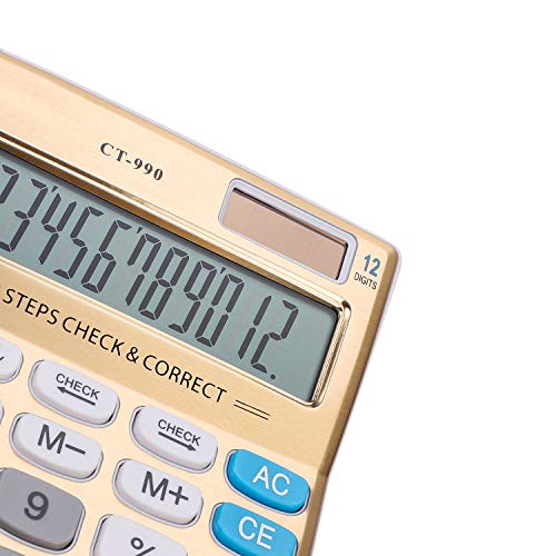 Solar Powered 12 Digit Large LCD Display Standard Function Desktop Calculator, Gold