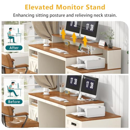 65" Farmhouse Computer Desk with Drawers and Printer Stand for Home Office - color: Brown and White