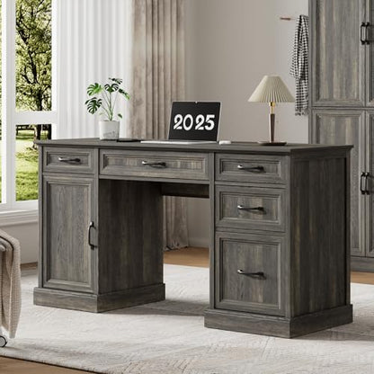 Tradare 58" Farmhouse Executive Desk, Wood Home Office Desk with Drawers & File Cabinet, Embossed Texture Storage Organizer Computer Desk for Working, Studying, Writing, Gray